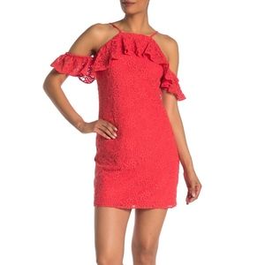 Trina Turk Lady Bug Roseville Ruffle Cold Shoulder Knit Lace Mini Dress Small